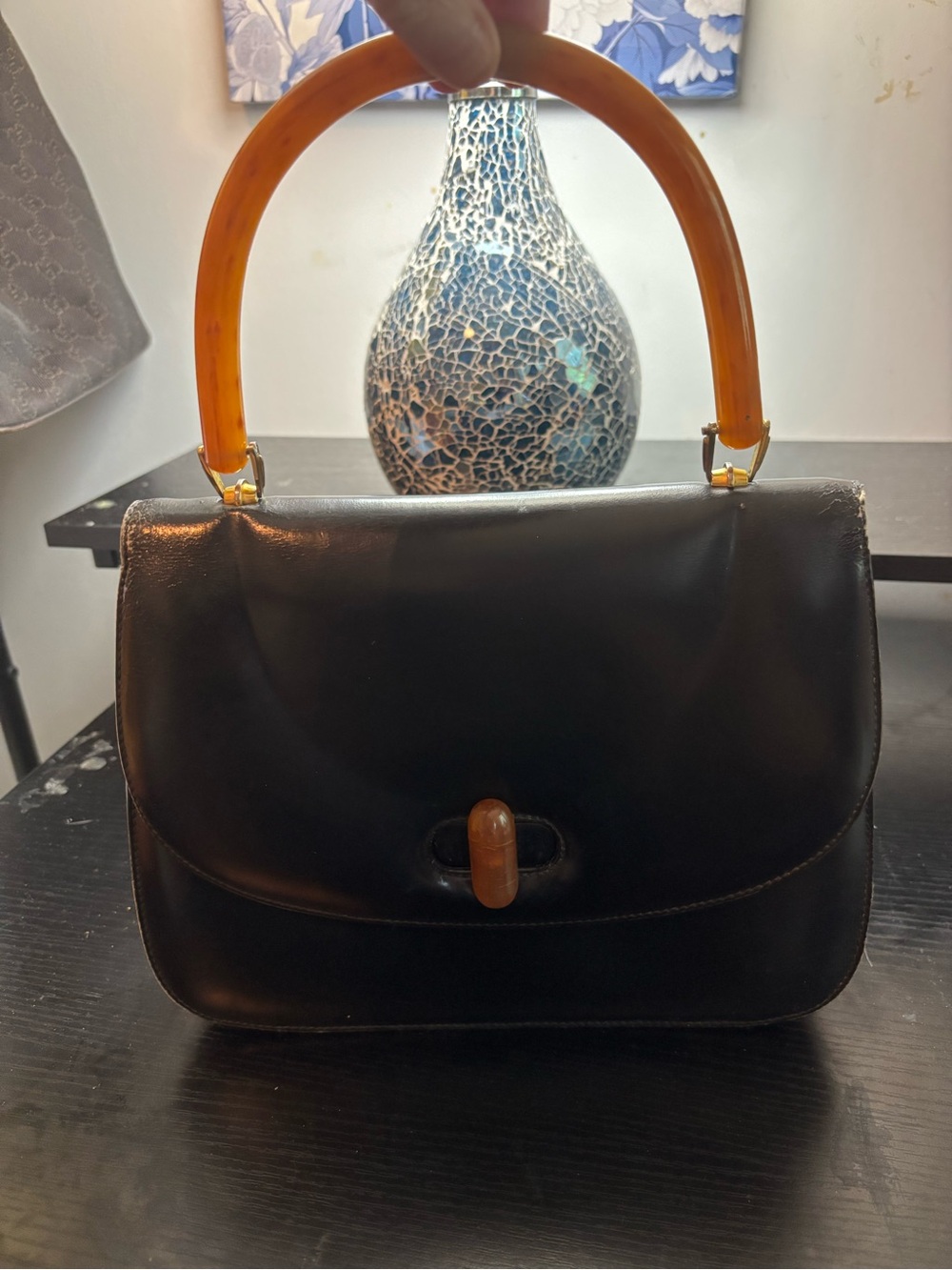 Authentic Rare Vintage 1960s GUCCI Black Leather Top Handle Bag Amber- Bakelite